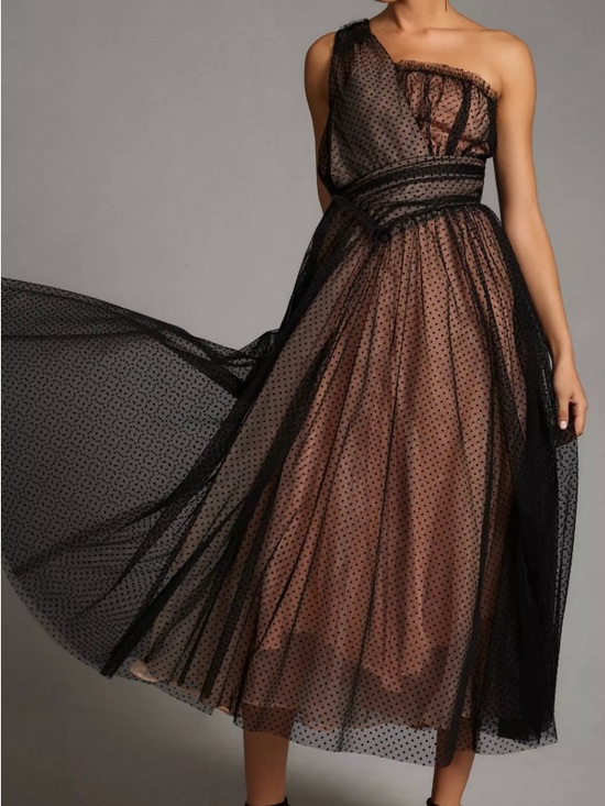 Anthropologie Dresses & Skirts - Anthropologie Black Polka Dot One-Shoulder Tulle Dress with Nude Lining